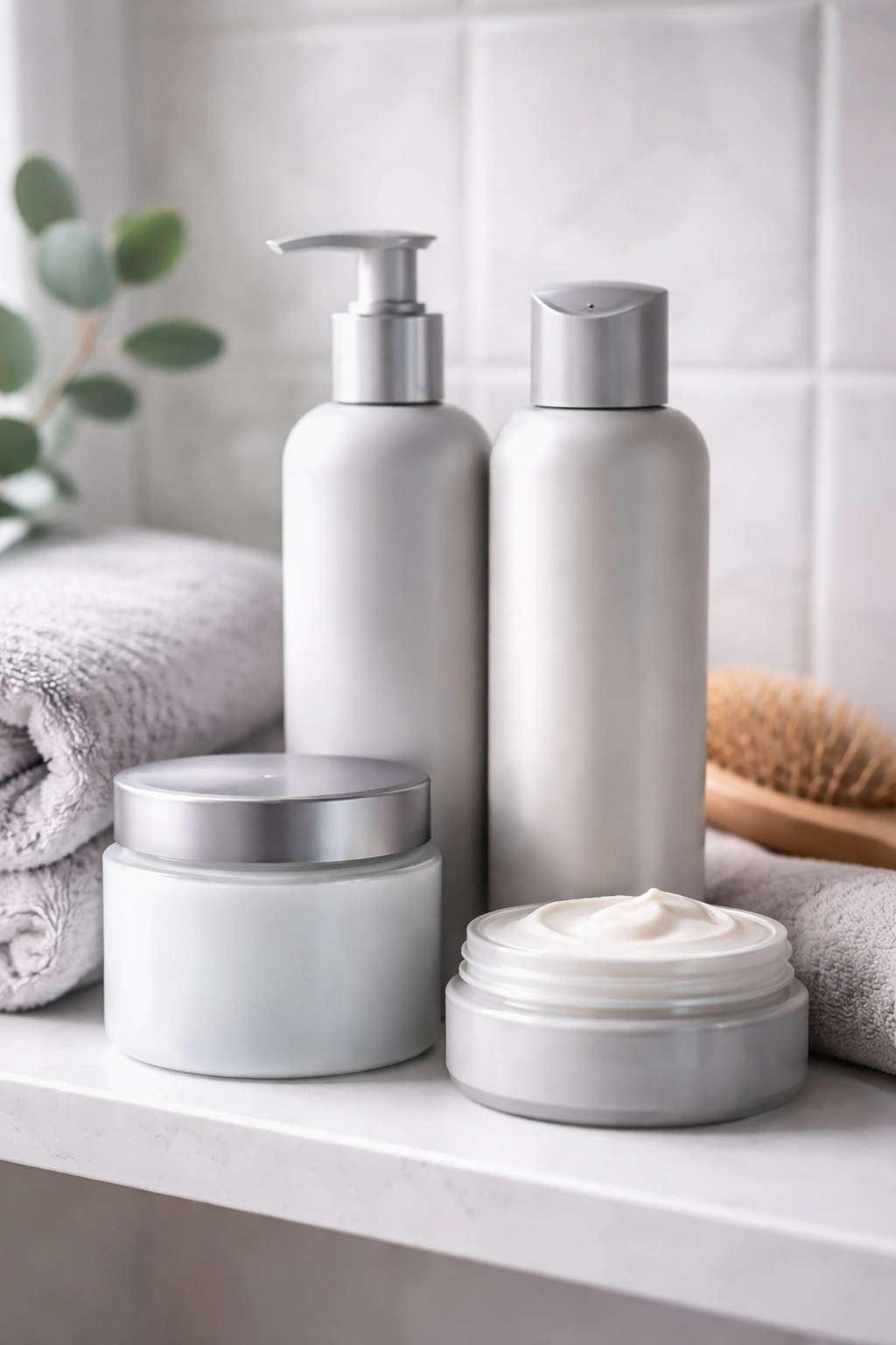Bathroom shelf with sulfate-free hair care bottles