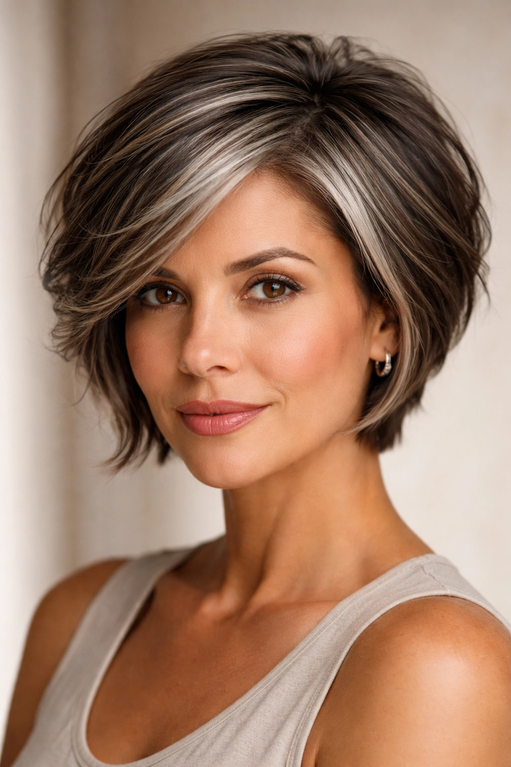 Close-up of hair with face-framing and scattered gray highlights for depth.