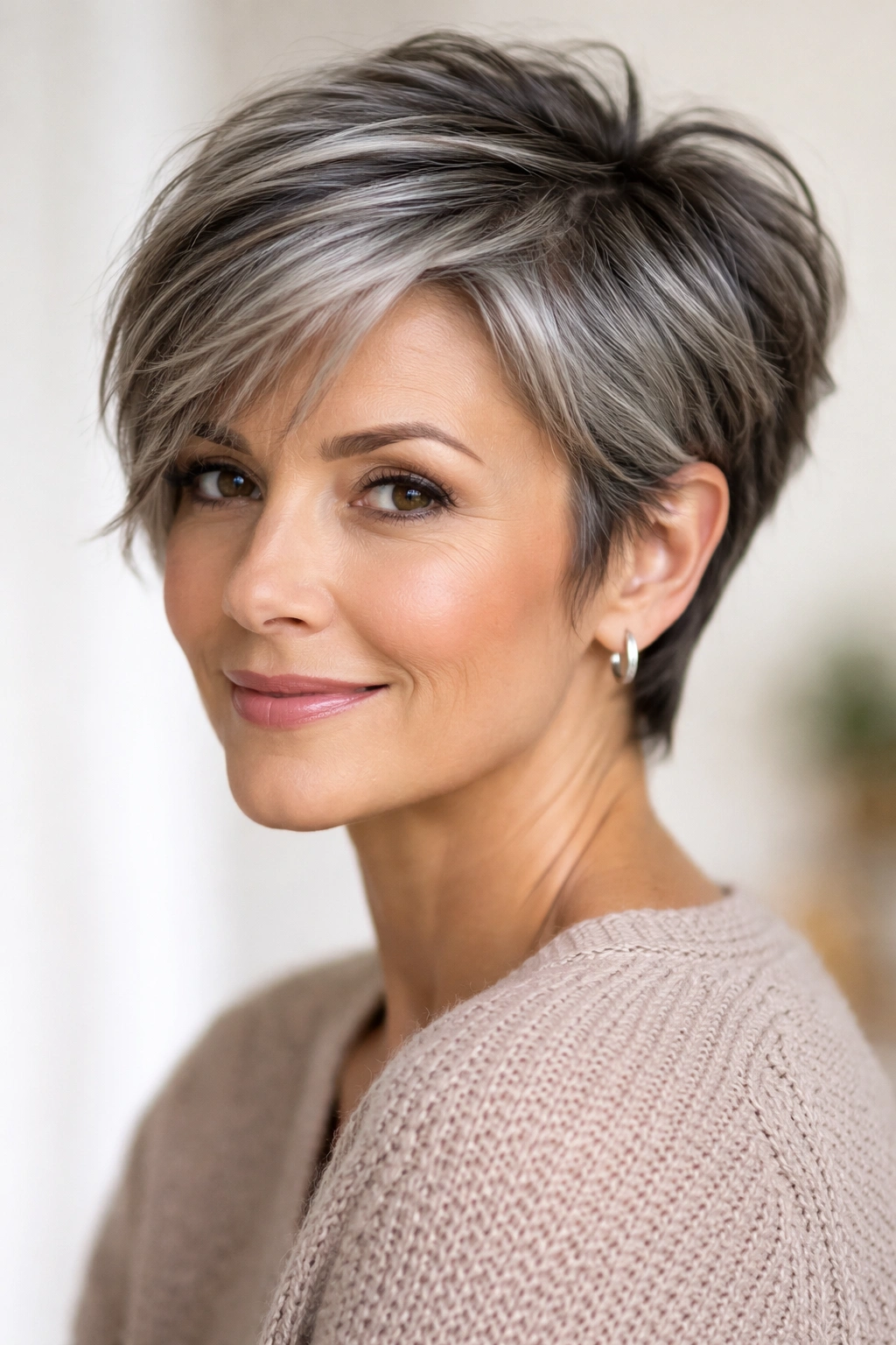 Close-up portrait of a person with short gray-highlighted hair