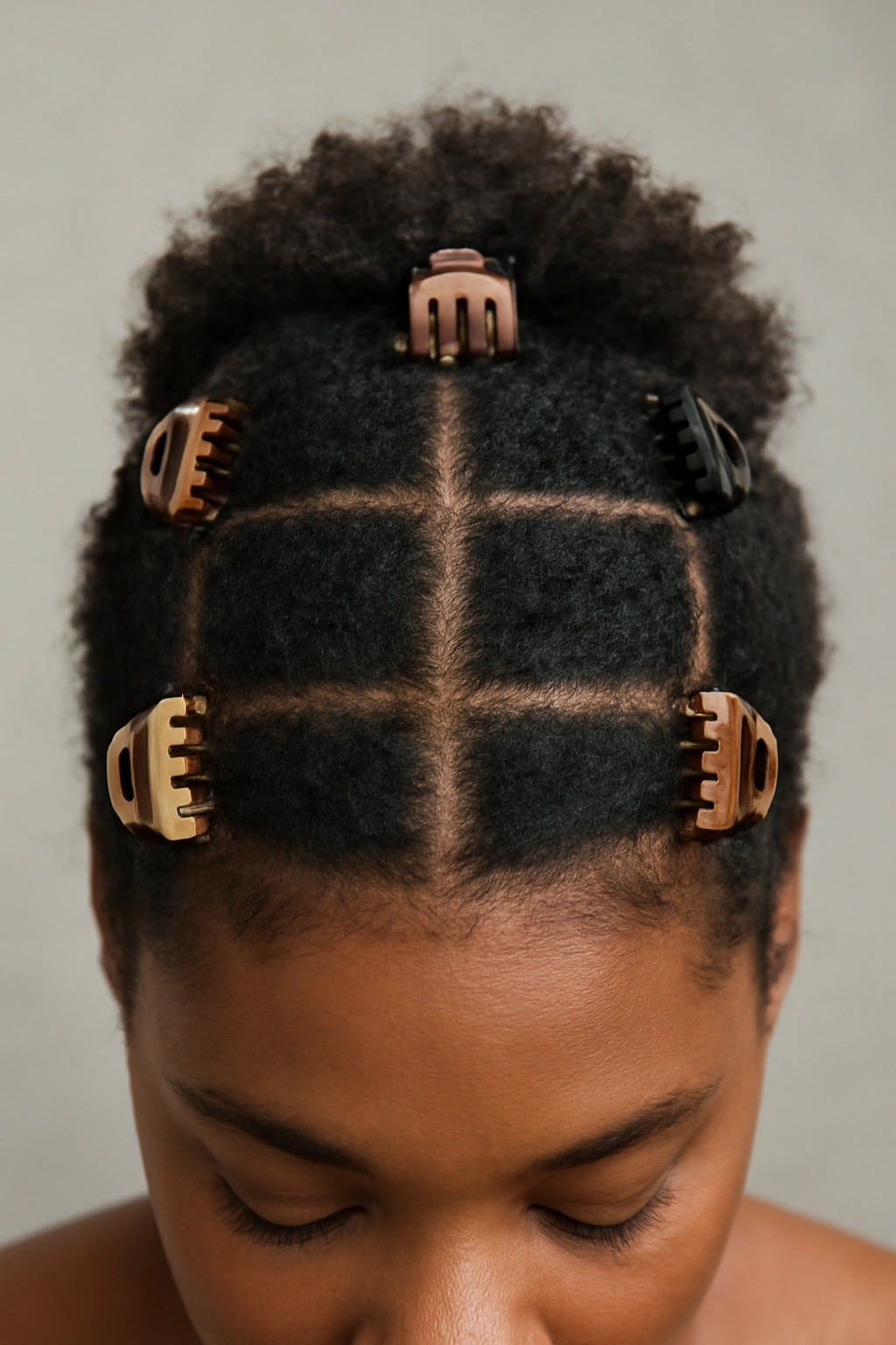 Top-down view of hair in a grid pattern secured by multiple claw clips