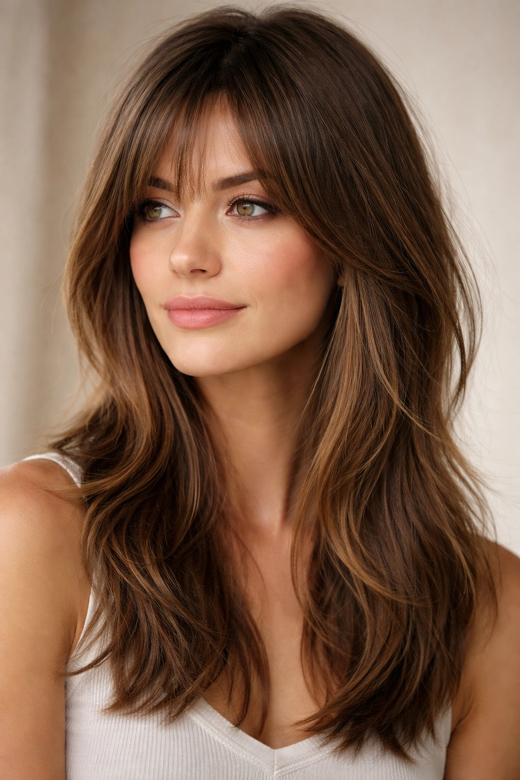 Grown-out bangs with subtle layers blending into medium-length hair.