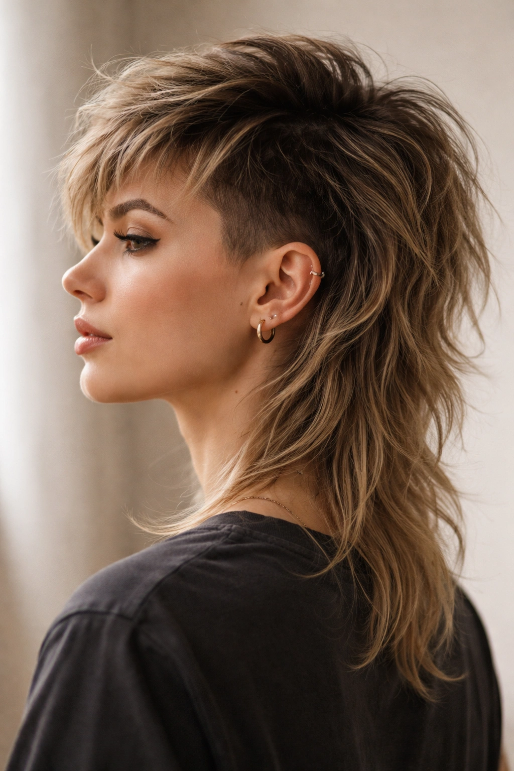 Side profile of a grown-out mullet undercut with visible regrowth and textured layers.