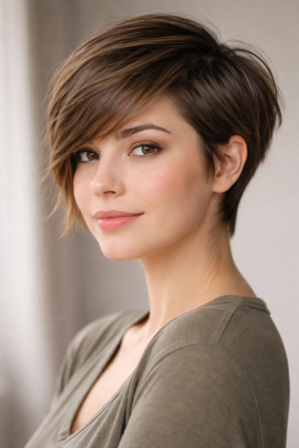 Grown-out pixie with asymmetrical layers and angled front framing the face