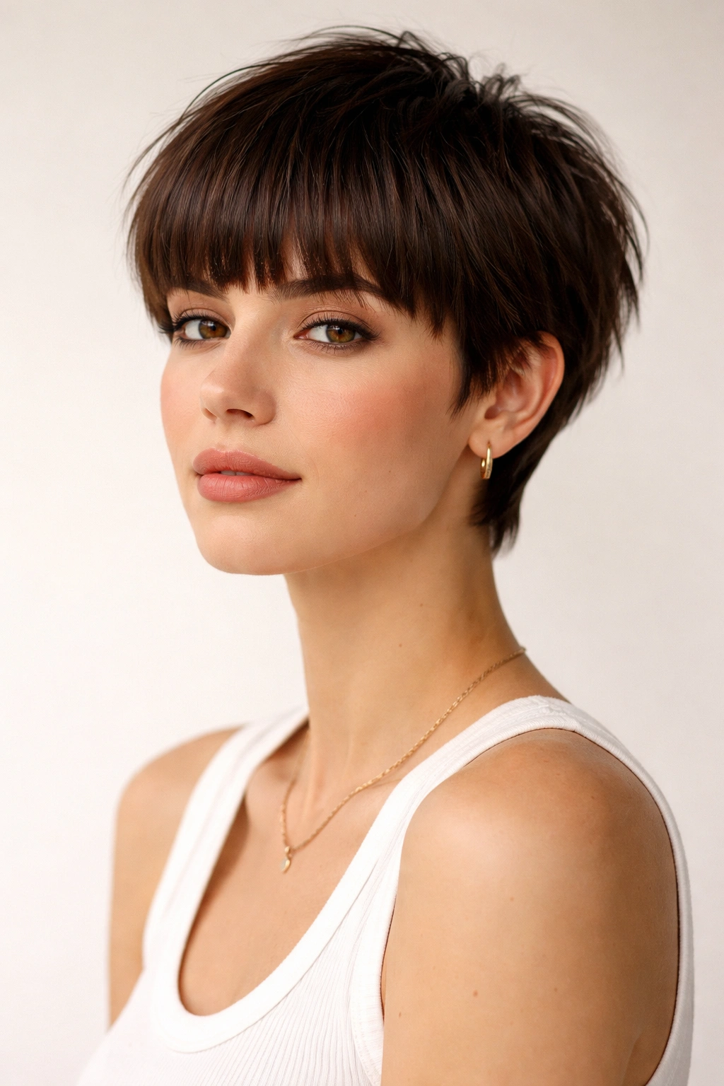 Grown-out pixie with straight blunt bangs on a model in a studio portrait