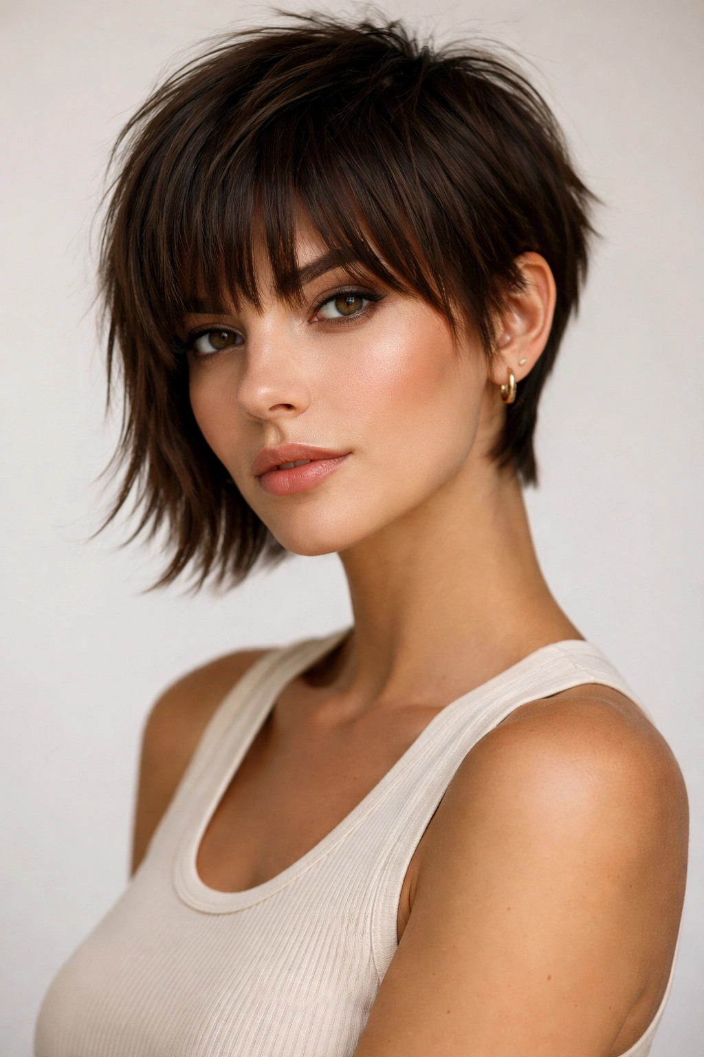 Portrait of The Grown-Out Pixie with Blunt-Cut Bangs showing longer top and blunt mid-cheek bangs.