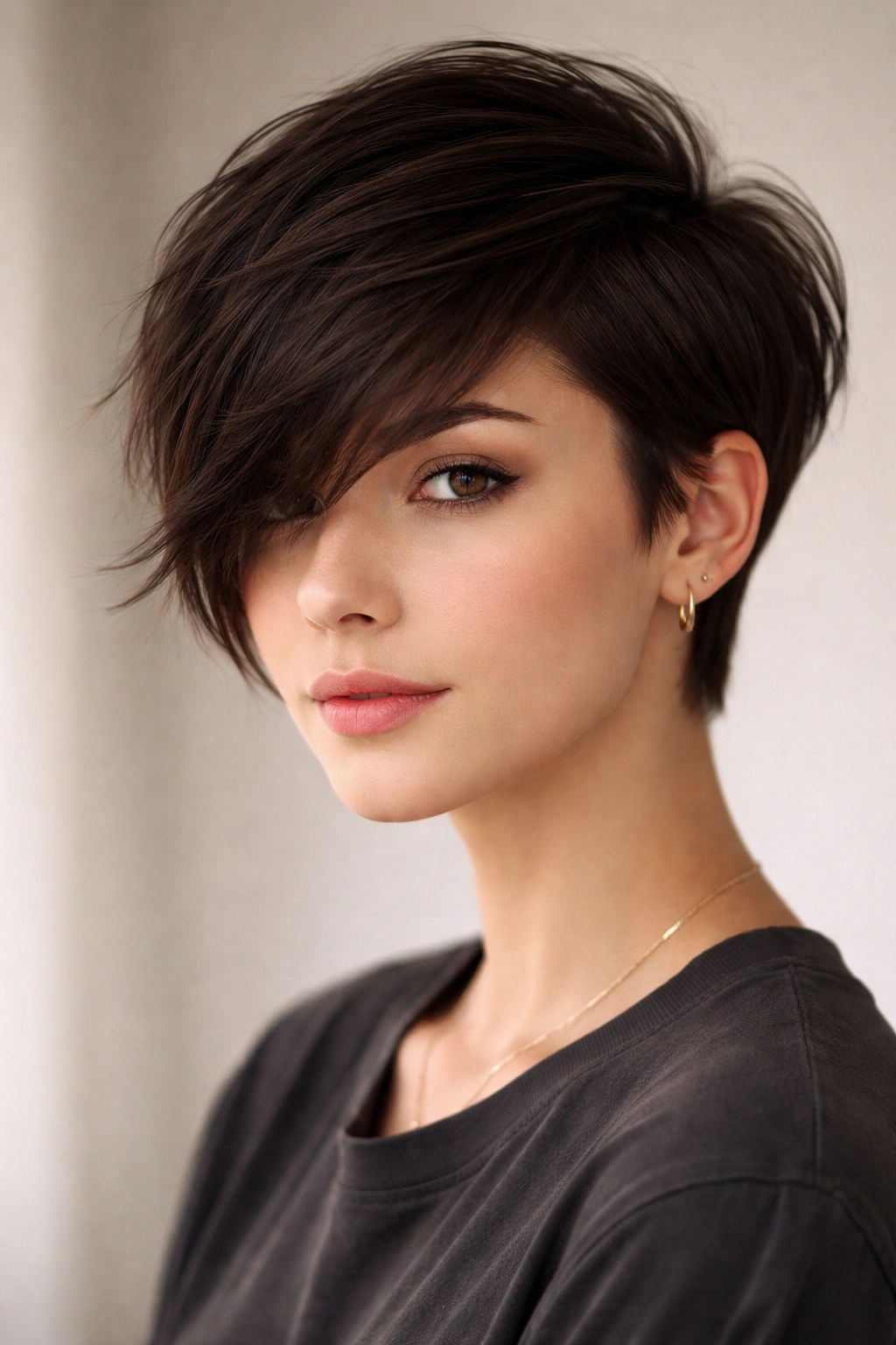 Portrait of a person with a grown-out pixie and dramatic swept fringe
