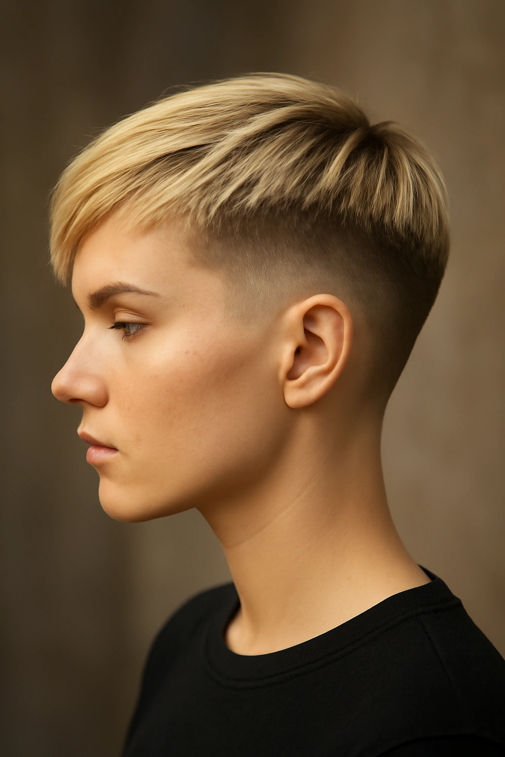 Portrait of a grown-out pixie fade with long top and short sides in blonde