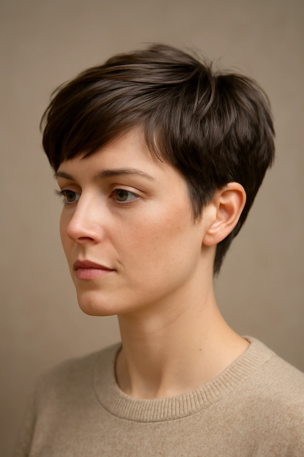 Close-up portrait of a person with a grown-out pixie haircut showing longer top and short sides.