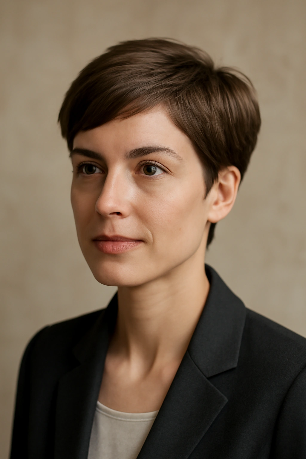Grown-out pixie with 2-3 inch top and tapered sides.