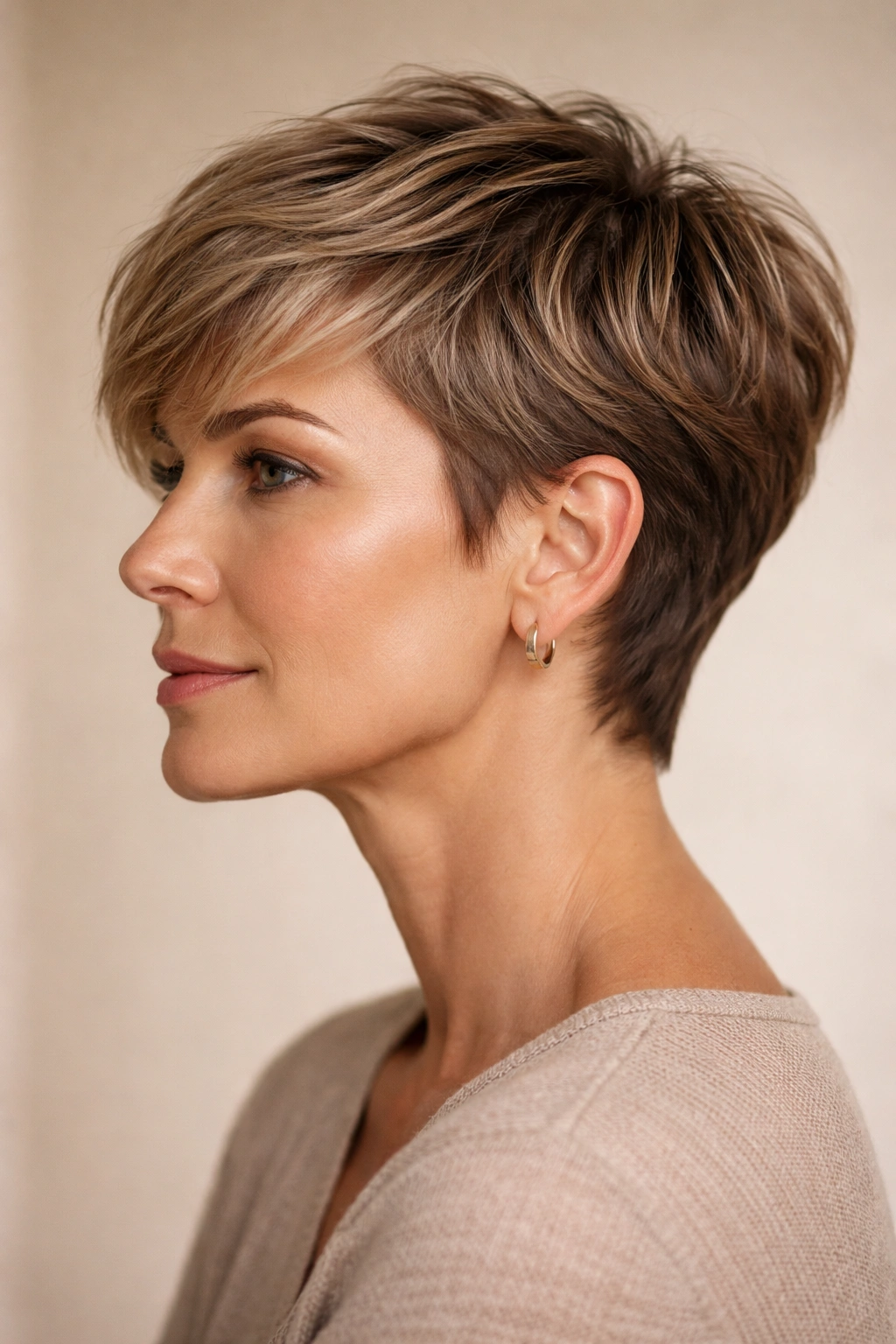 Side profile of a grown-out pixie with longer top and short sides.