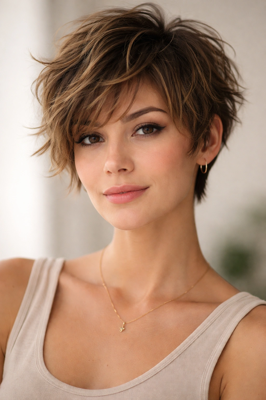 Close-up of Grown-Out Wavy Shag Pixie with chin-length front and tapered back