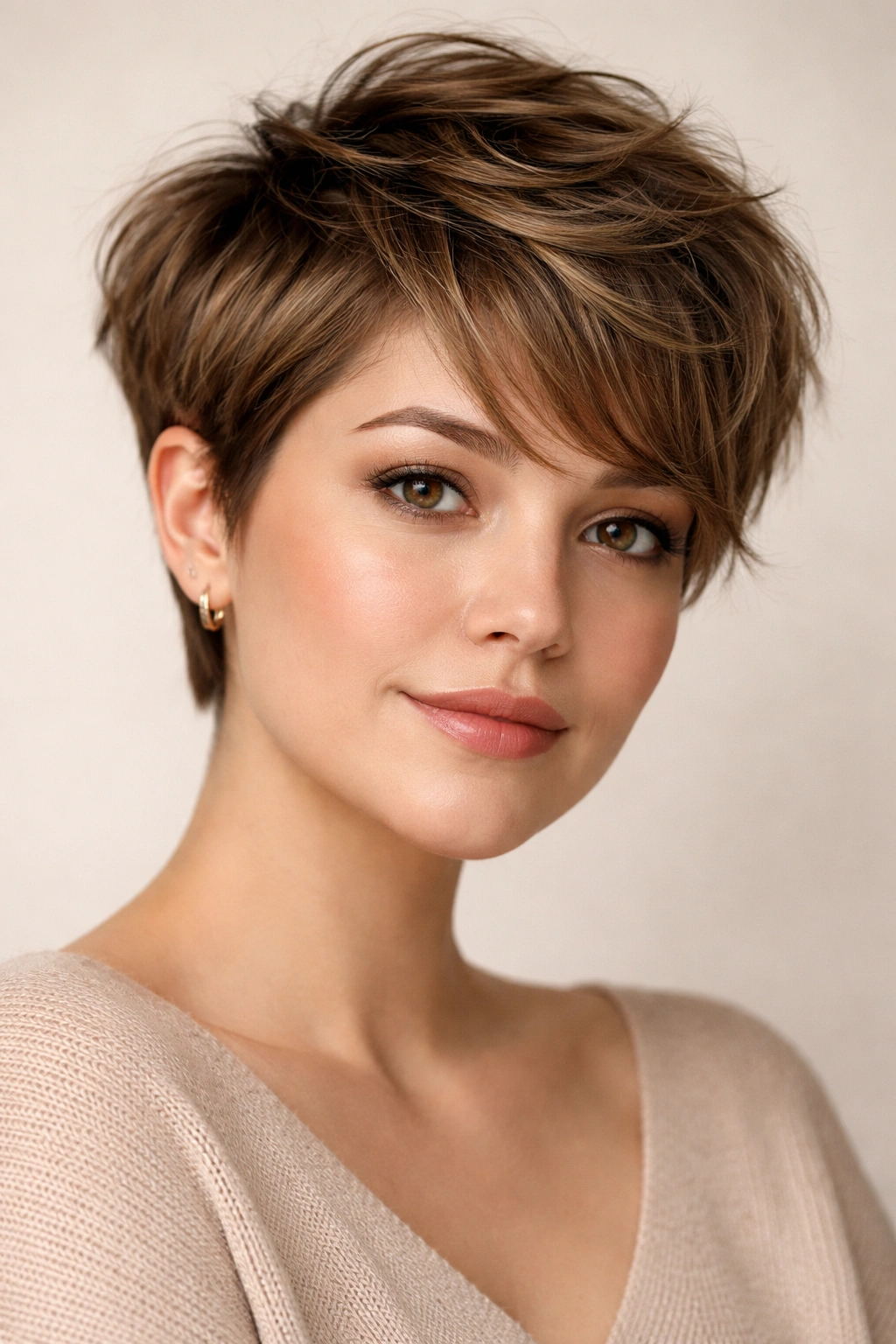 Grown-out pixie with longer top and short sides showing textured movement.