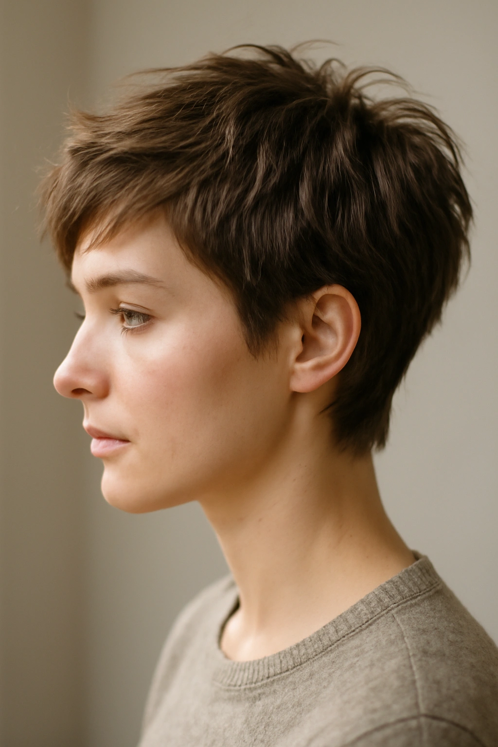 Side-profile of a person with a grown-out pixie showing a longer textured top