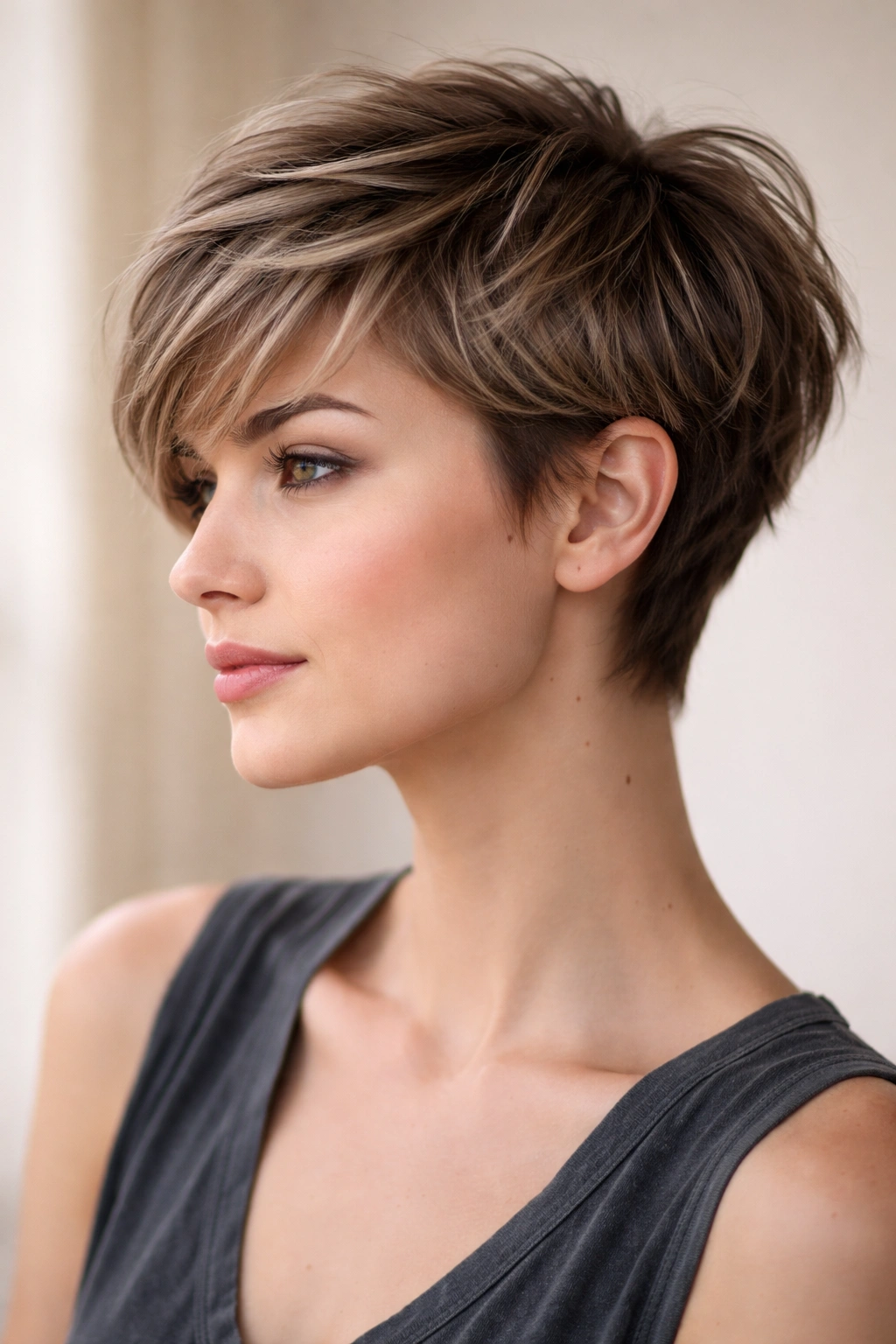 Portrait of a person with a grown-out pixie showing top-length growth and faded sides, studio lighting