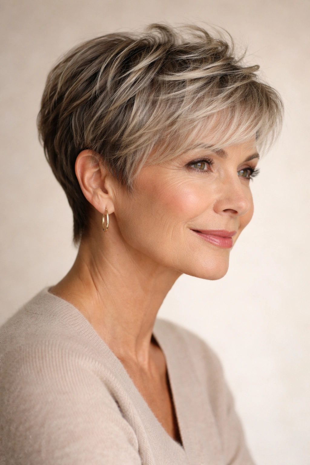Portrait of a pixie transitioning to longer style with a layered top