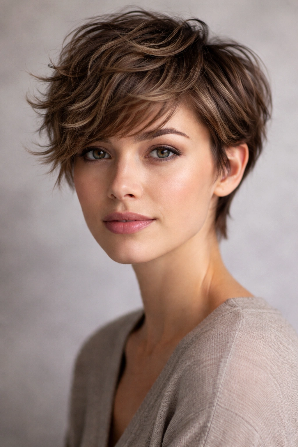 Medium-length grown-out pixie with layered top on wavy hair in a studio