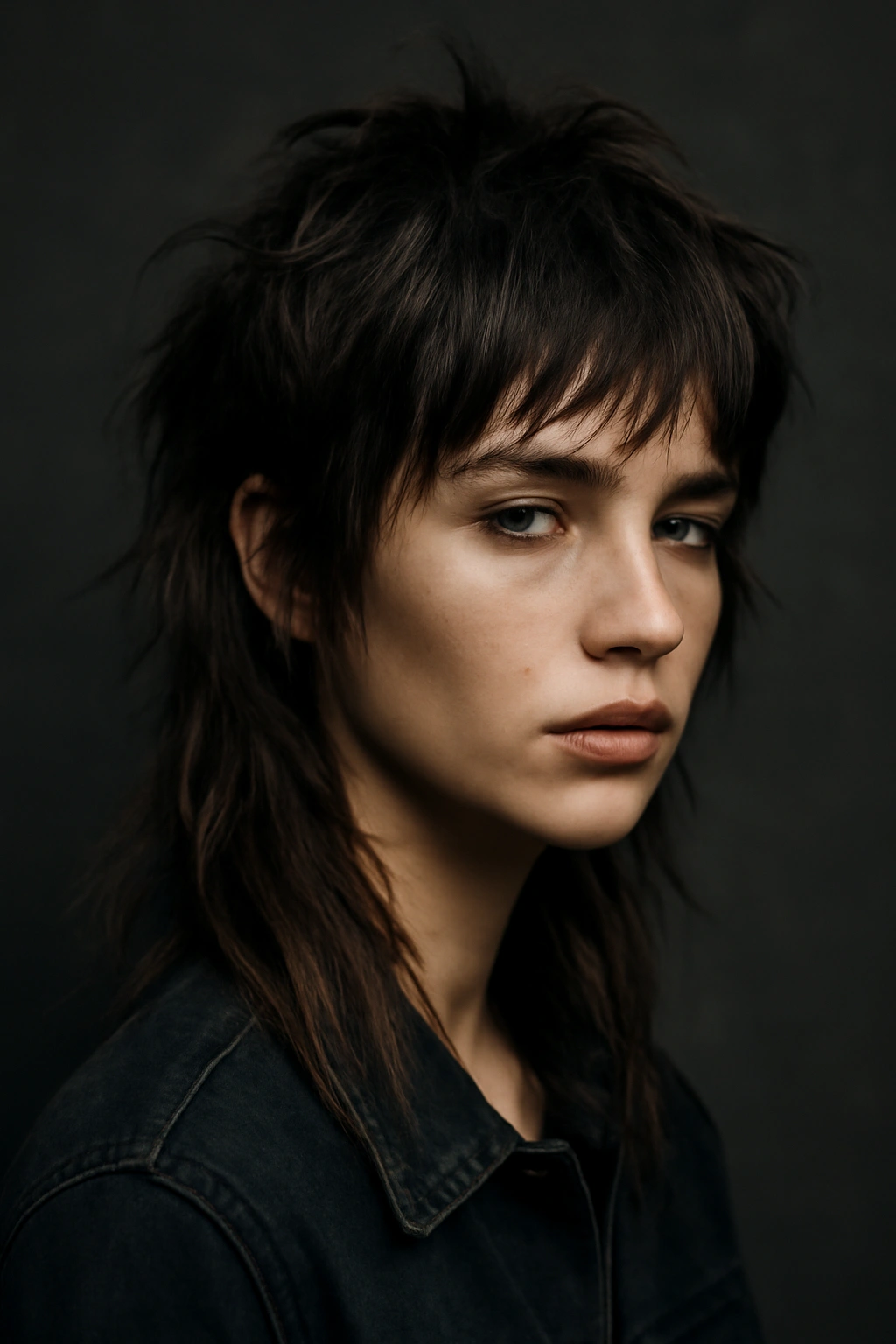 Close-up portrait of a grunge mullet with darker roots and textured layers