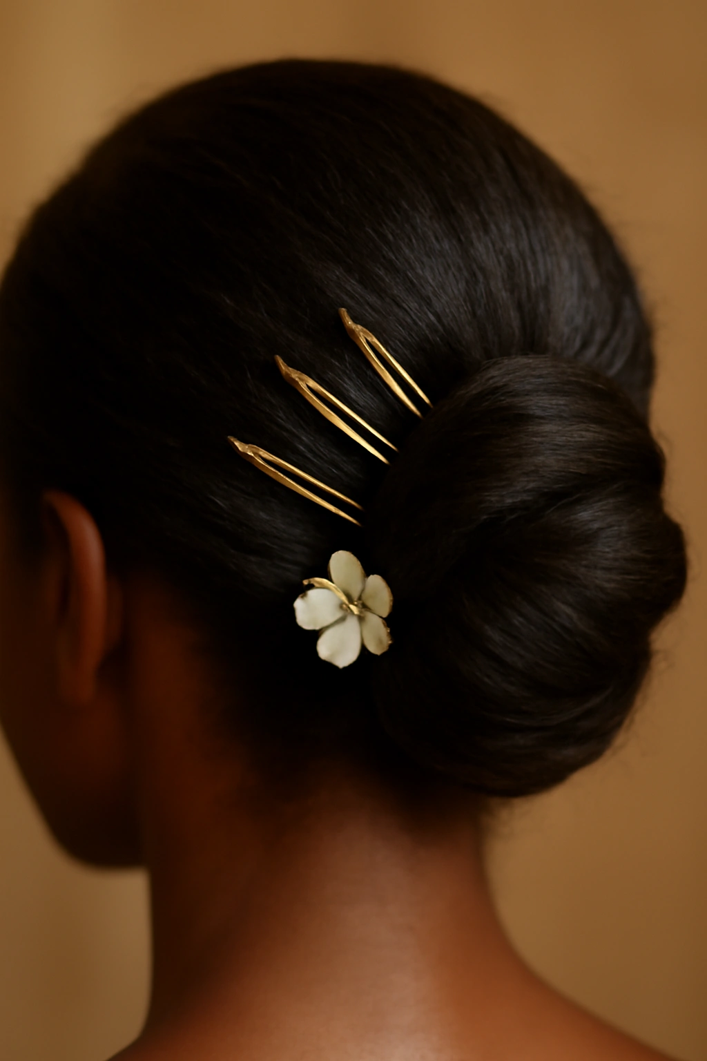 French roll with gold pins and flower accessory