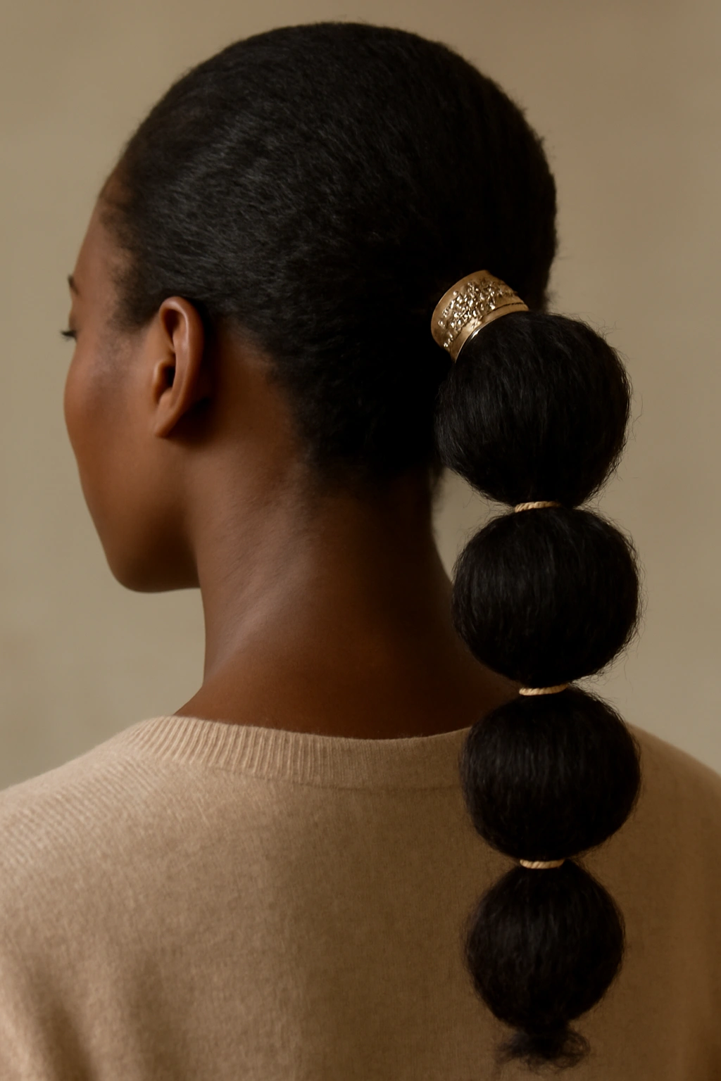 Bubble ponytail with decorative hair cuff around the base