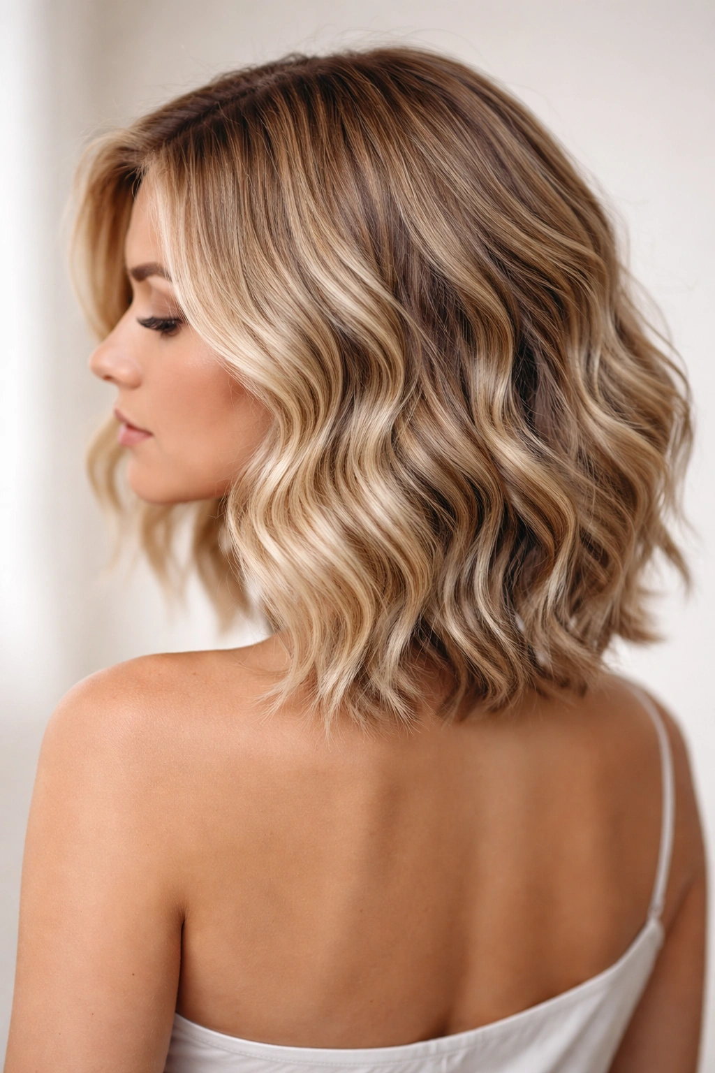 Short hair with tape-in extensions forming soft waves and volume