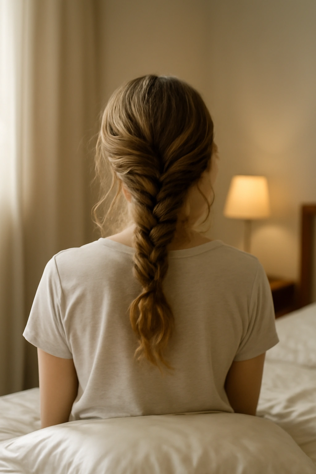 Person with loose waves preparing hair the day before in a cozy bedroom.