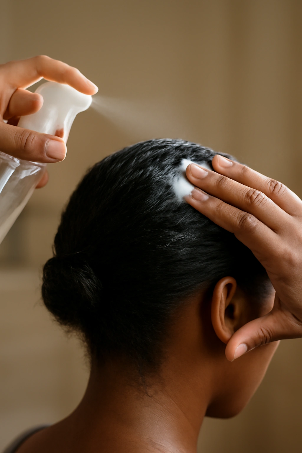 Close-up of Black hair being moisturized and prepped for a French roll