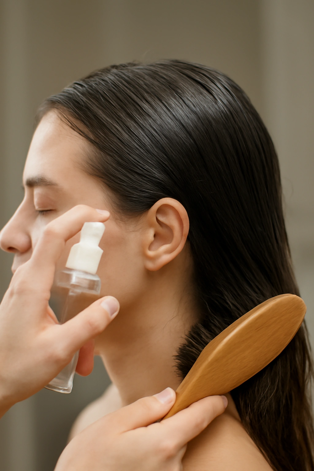 Damp hair being prepped with texturizing spray and brushed smooth