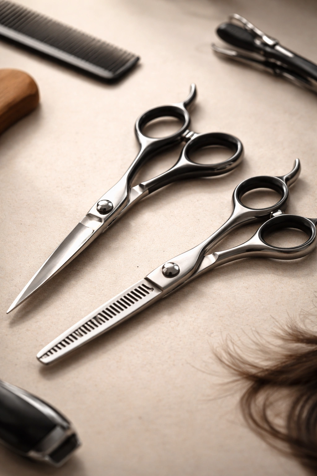Close-up of professional hair scissors and thinning shears on a clean surface