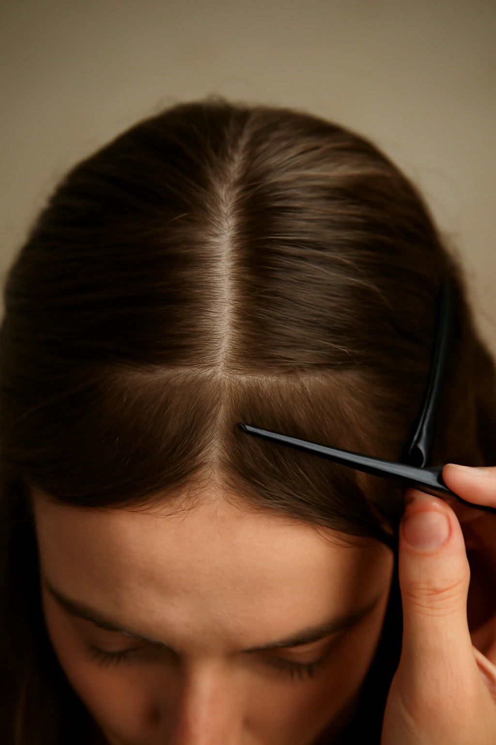 Scalp with a neat 3-inch square hair section created by a rat-tail comb