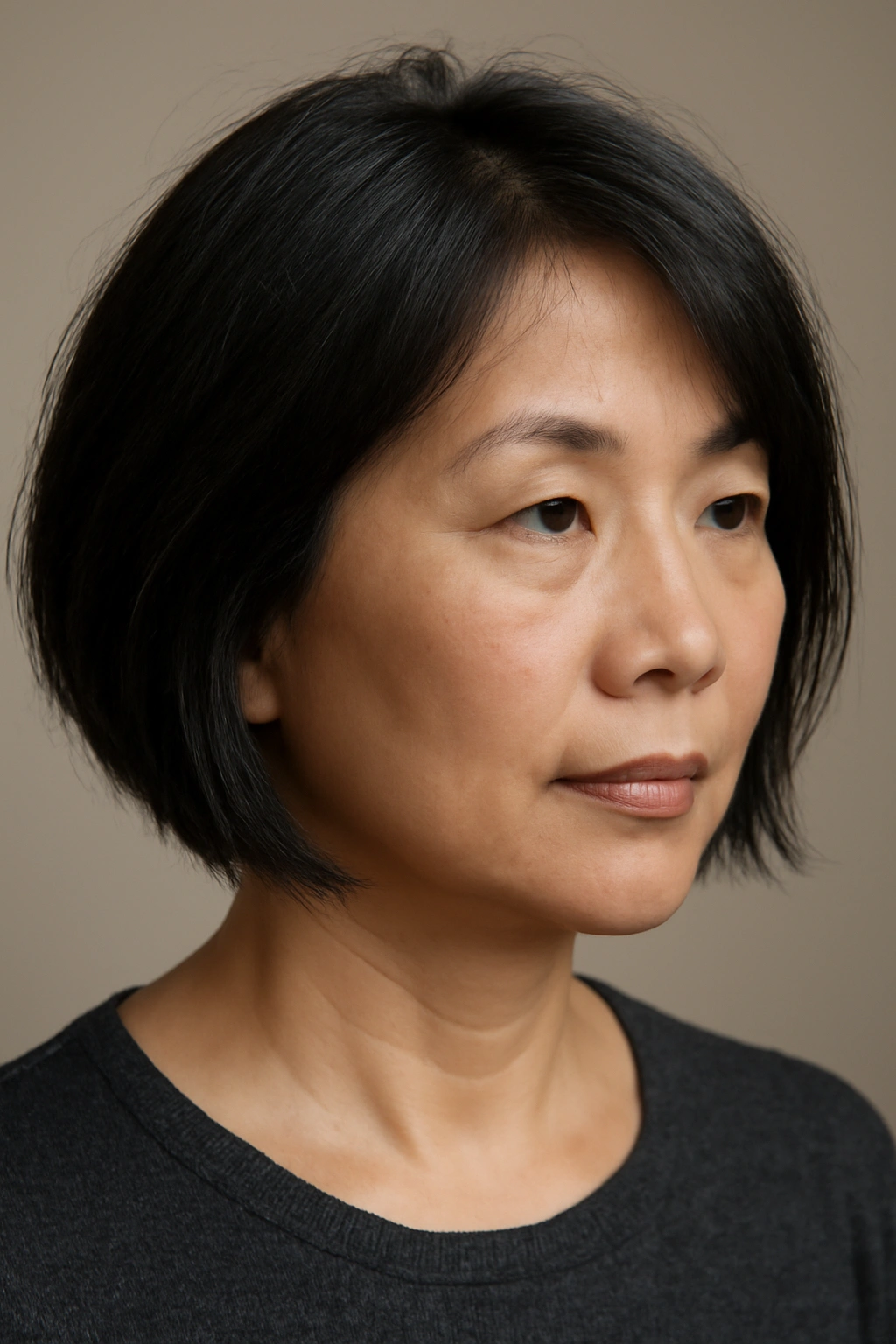 Portrait showing straight, dense Asian hair texture as it influences hairstyle decisions.