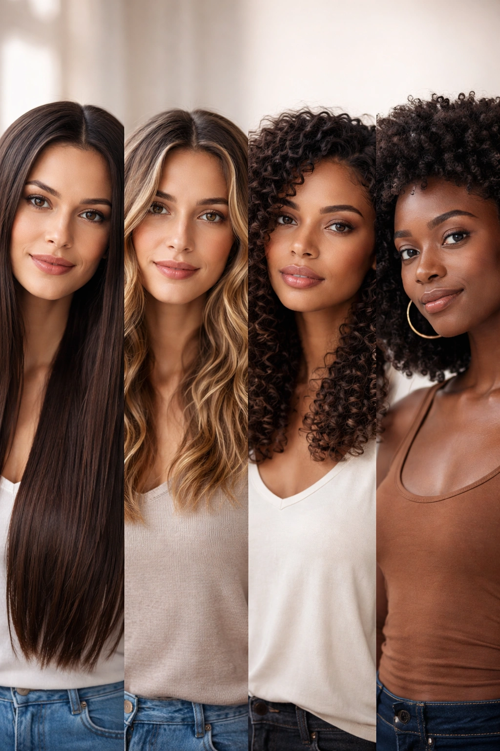Close-up portrait showing varied hair textures and lengths to illustrate hair type
