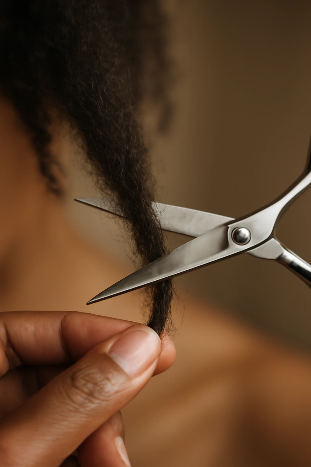 Close-up of scissors trimming split ends on a natural hair strand