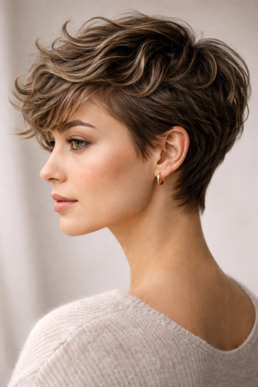 Close-up profile of a woman with a wavy pixie cut, displaying textured edges.