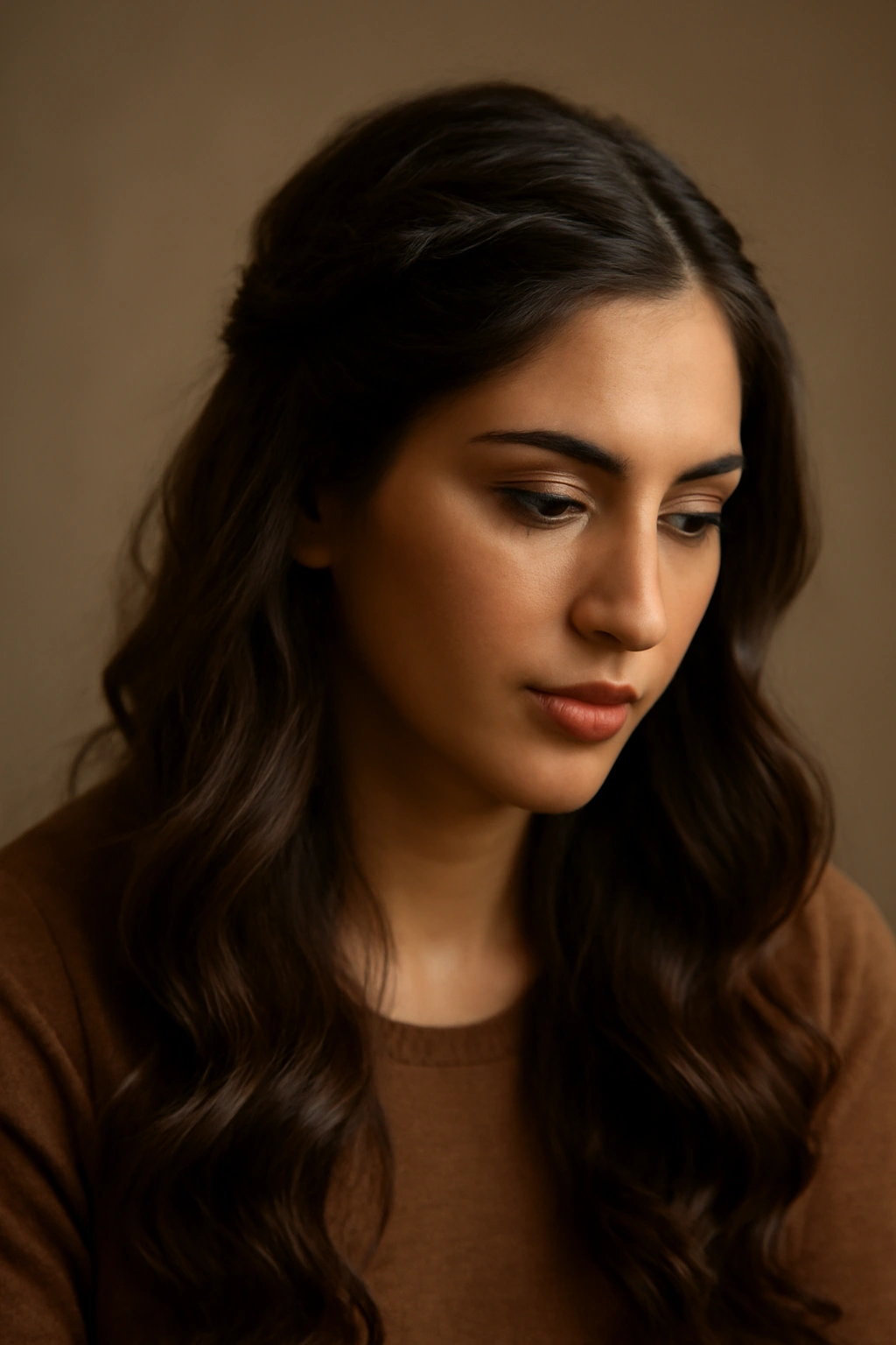 Close-up portrait of an Arab woman with softly waved hair and subtle braids in a neutral studio setting