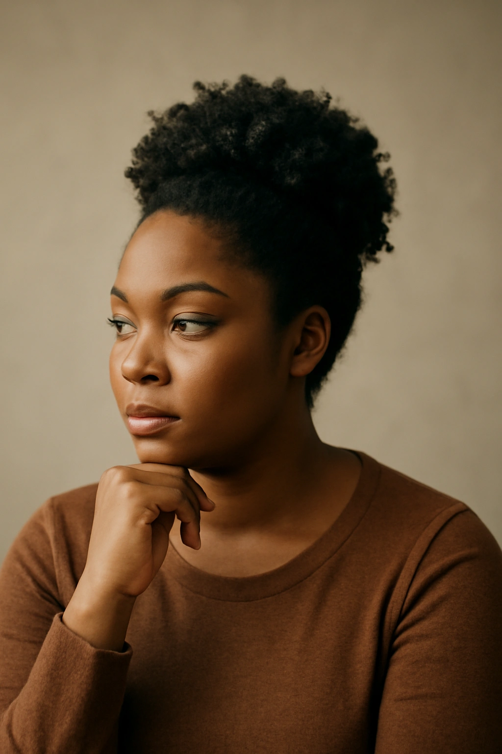 Portrait of a thoughtful Black woman with a round face and textured updo in a neutral studio