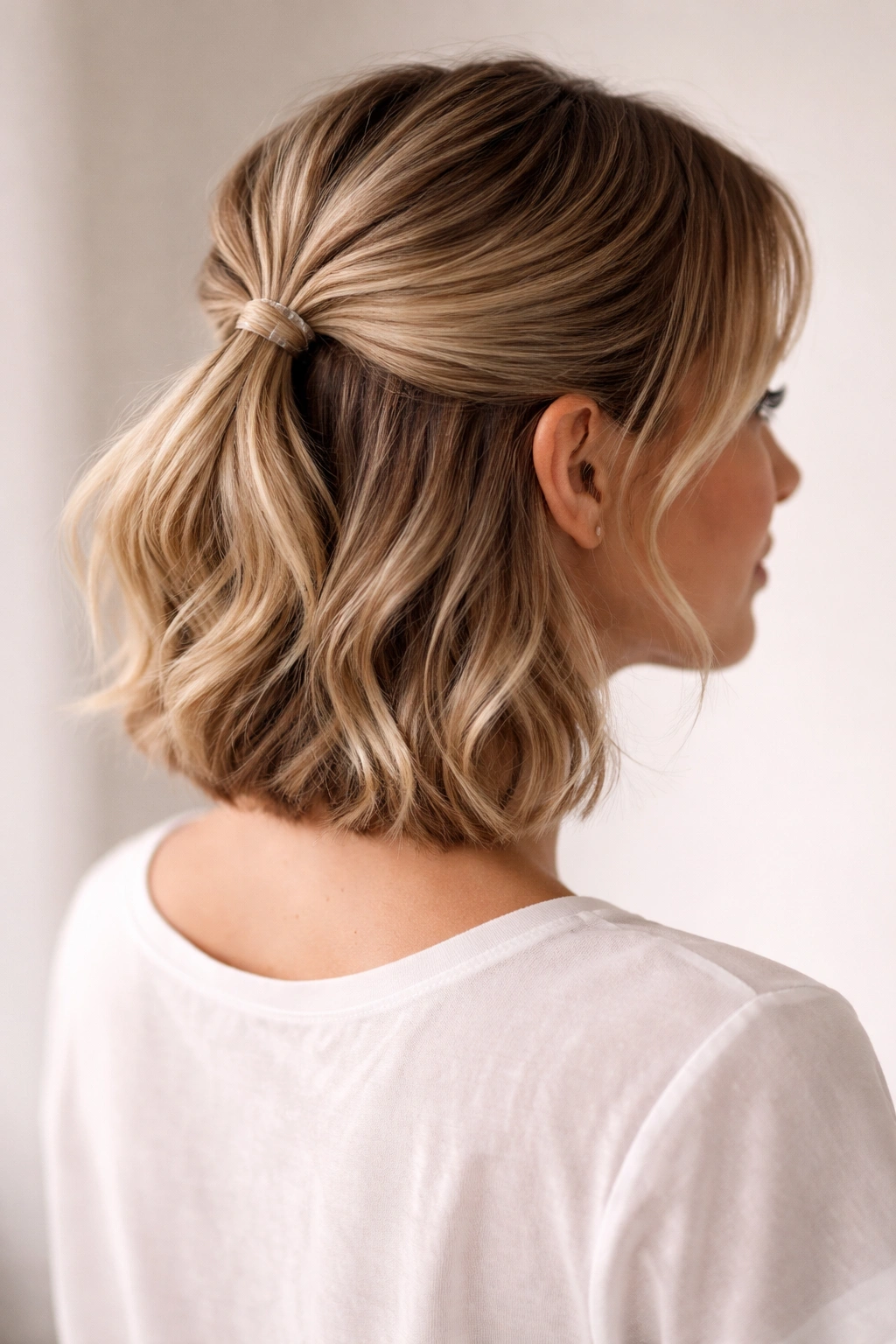 Profile close-up of a short hairstyle with the top half tied into a tucked ponytail and ends folded under
