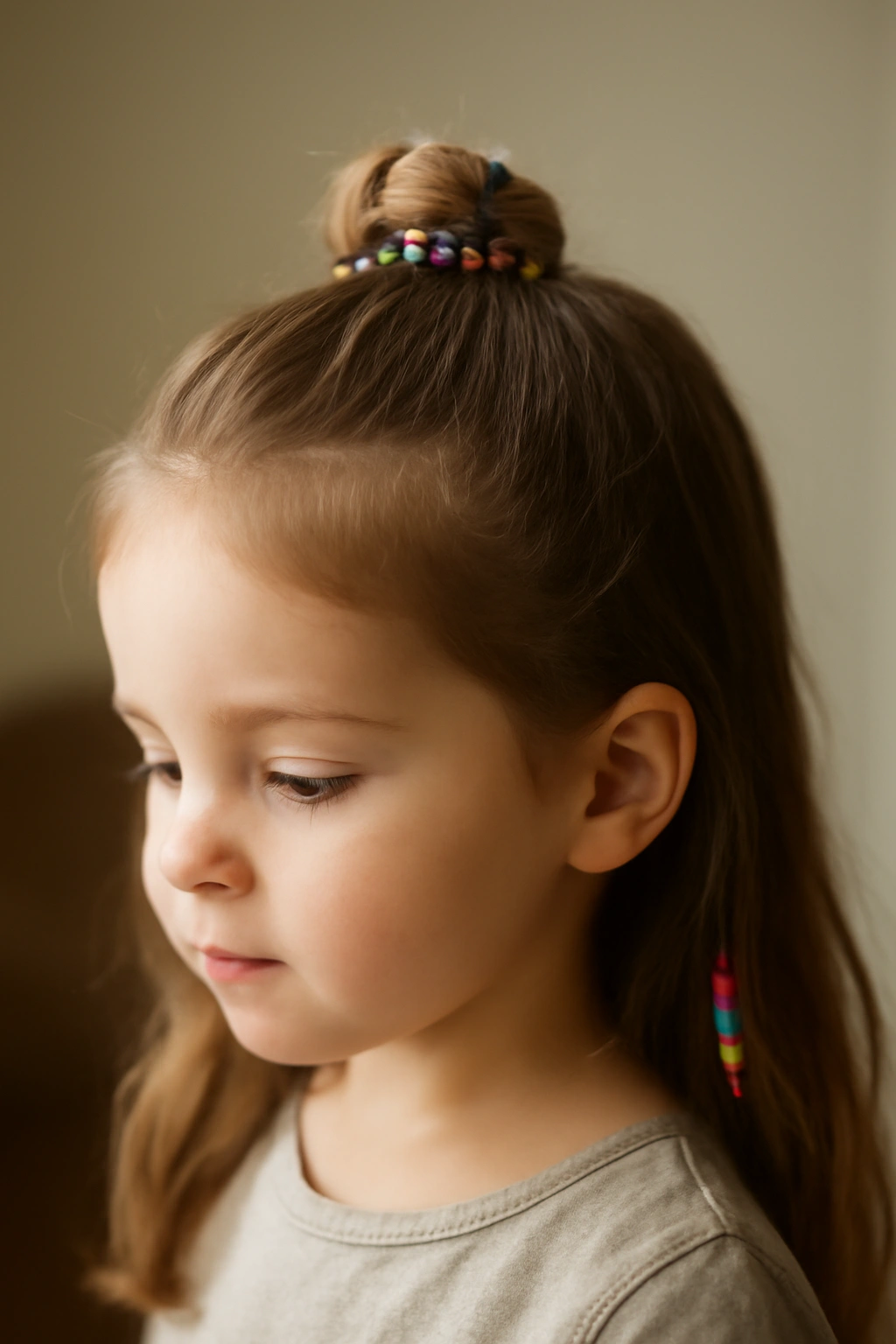 Toddler with a half-up bun decorated with beads.