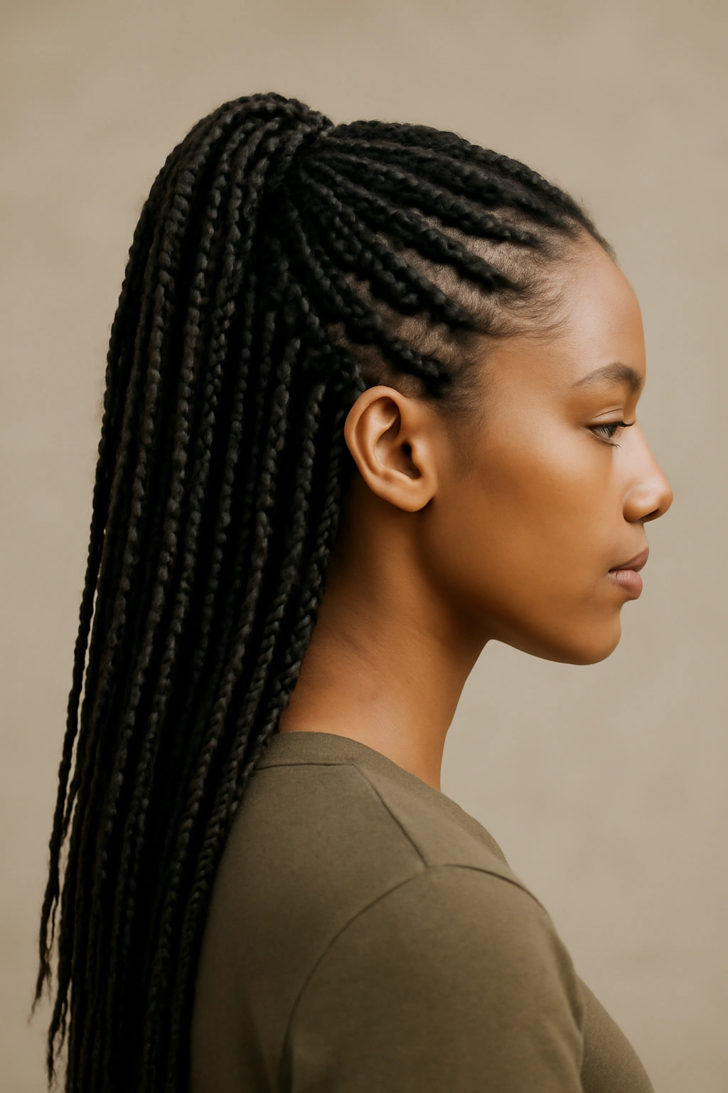 Side view of half-up half-down box braids with a top ponytail