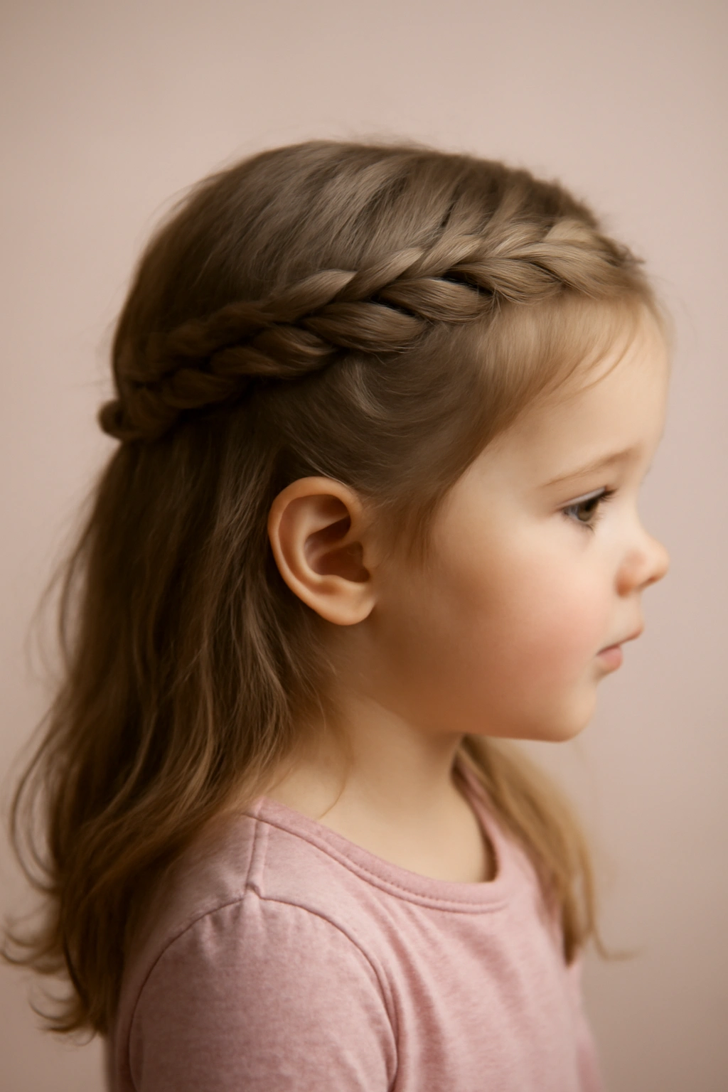 Half-up braid across the crown with loose hair below