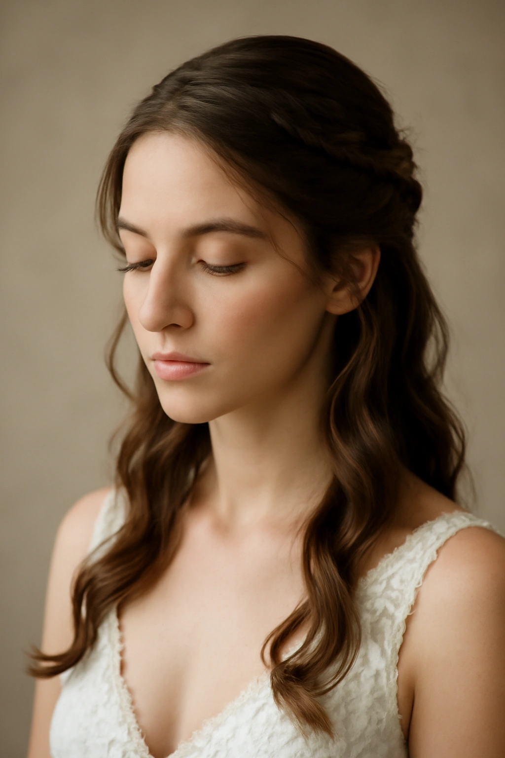Close-up of a bride with a half-up braided hairstyle in soft studio lighting