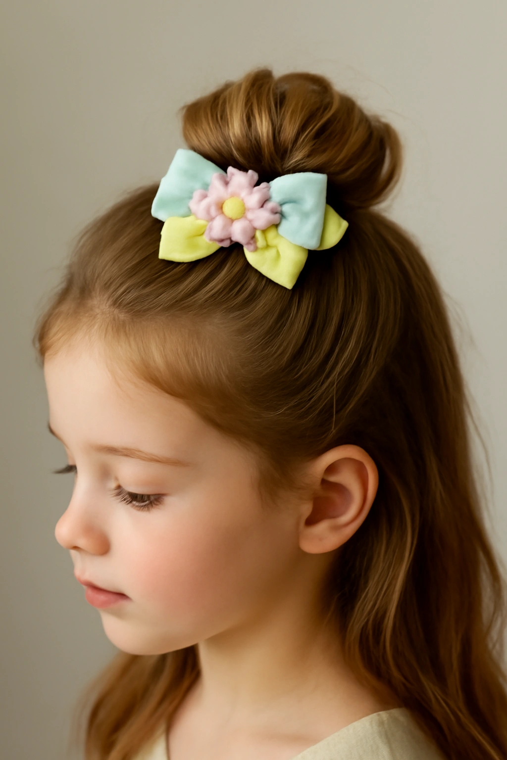 Half-up bun with a decorative pastel clip securing the top