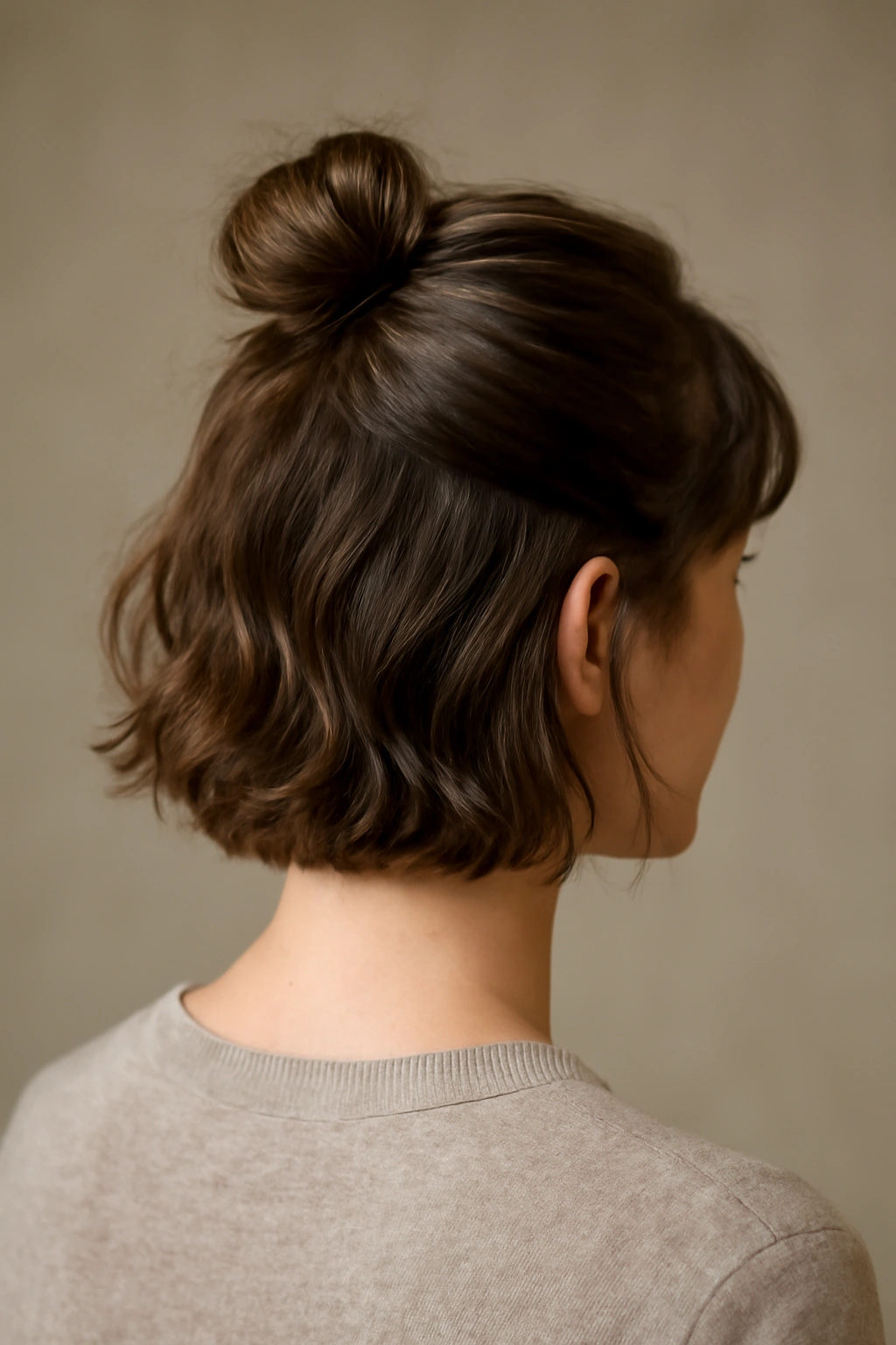 Three-quarter rear view of short hair with a textured half-up bun