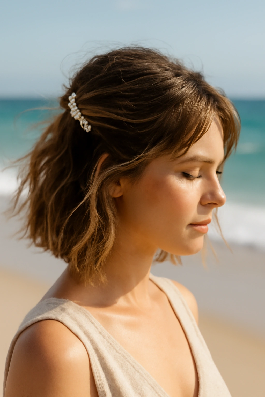 Half-up hairstyle with pearl clip on short hair at the beach