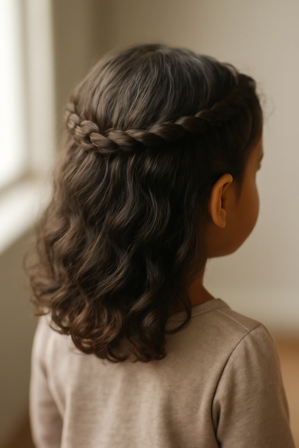 Close-up of a toddler with a half-up twisted crown braid