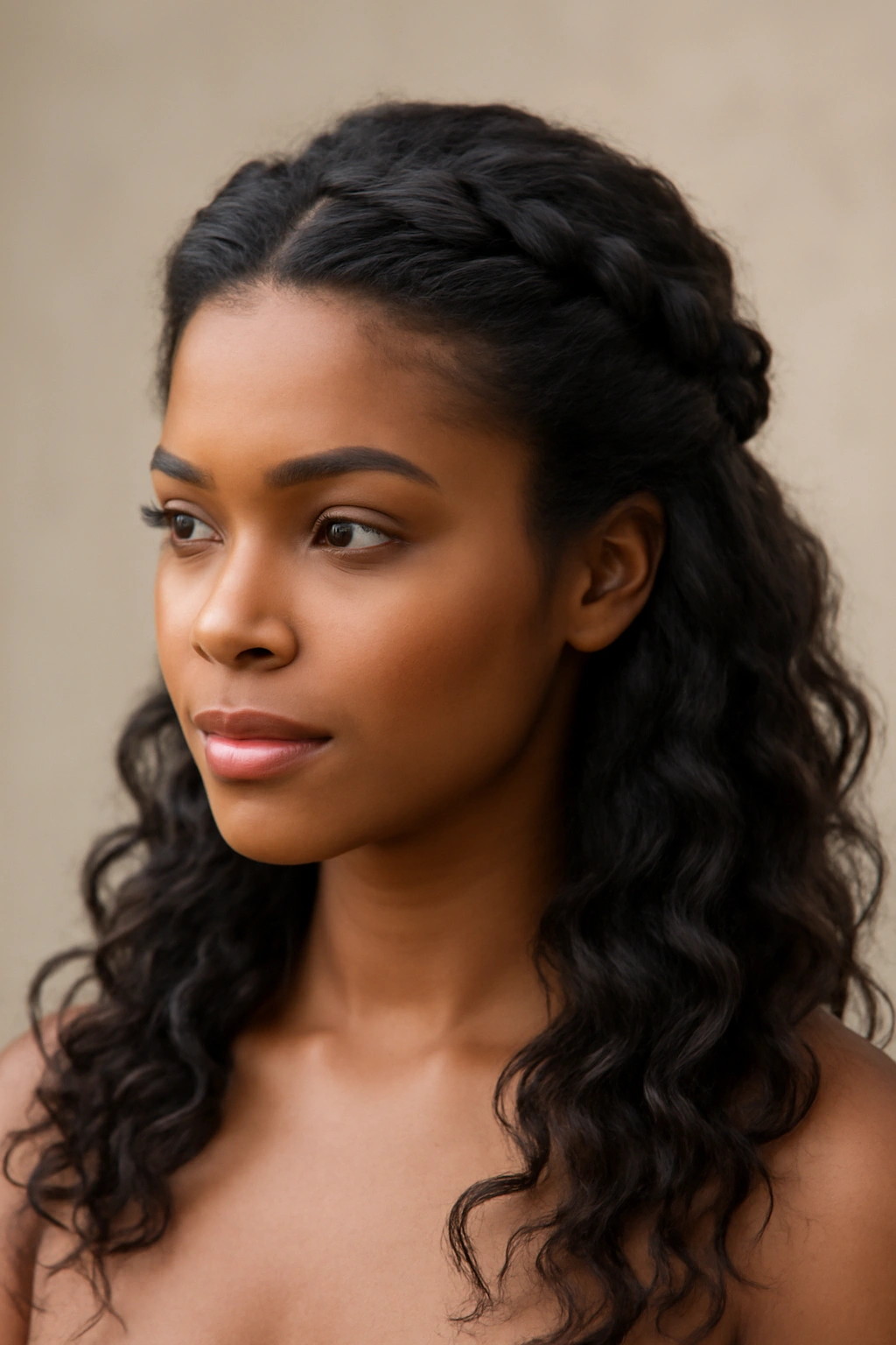 Half-up crown with lifted twists framing the face and soft curls below
