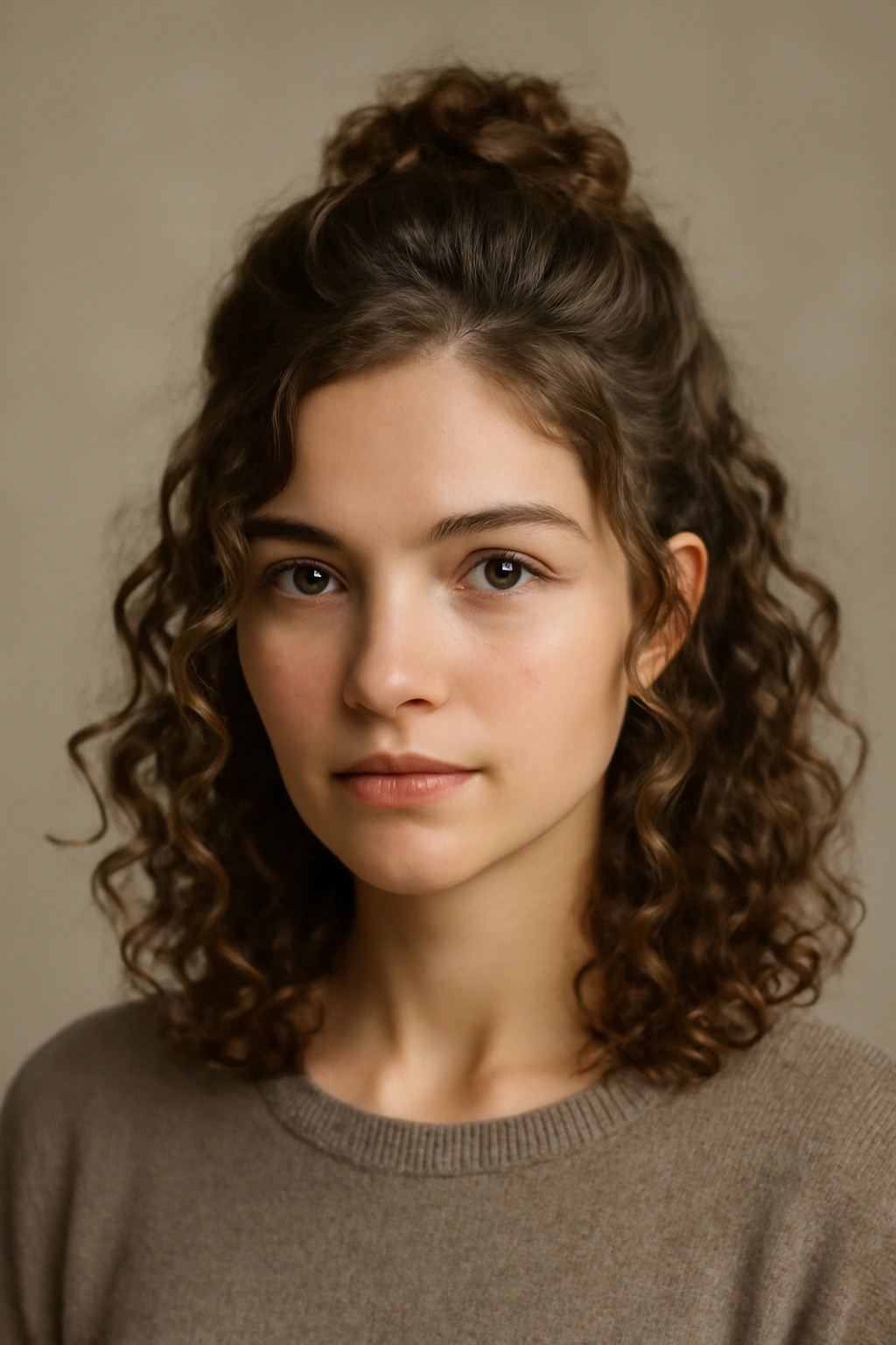 Half-up hairstyle with smooth top and textured curls framing the face