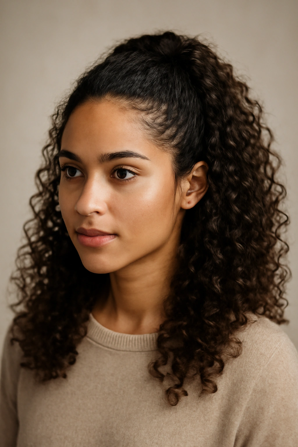 Close-up of half-up half-down curly hairstyle with face-framing front curls