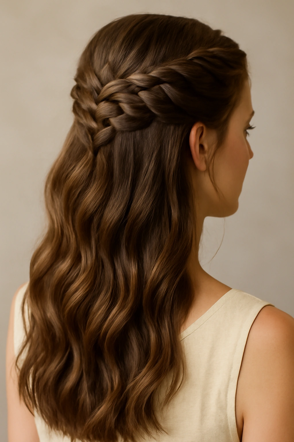 Half-up Dutch braid with crown braid and flowing waves