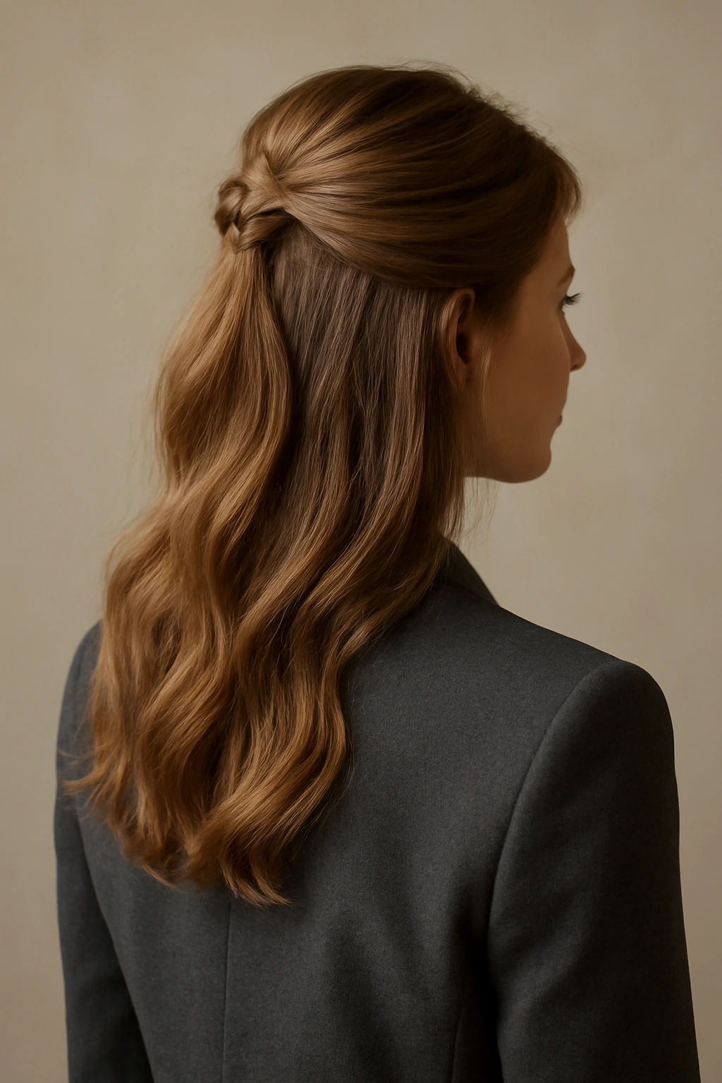 Half-up half-down hairstyle with top section secured and loose waves below against a neutral background