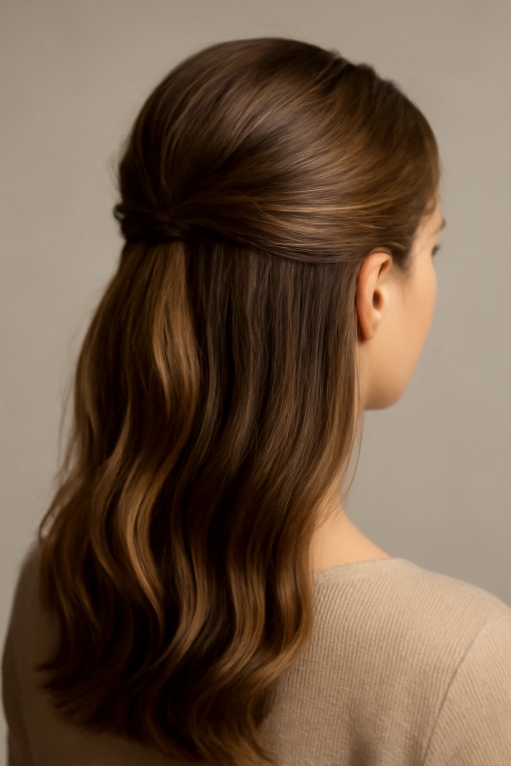 Back view of half-up half-down hairstyle with crown volume